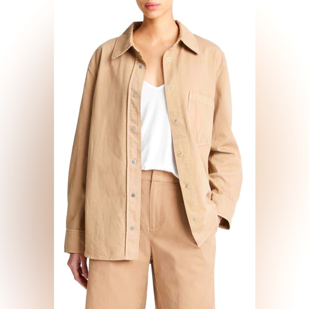 Vince 🥰 Designer Cotton Twill Snap-Front Overshirt Cocoon Tan XS Long Slv